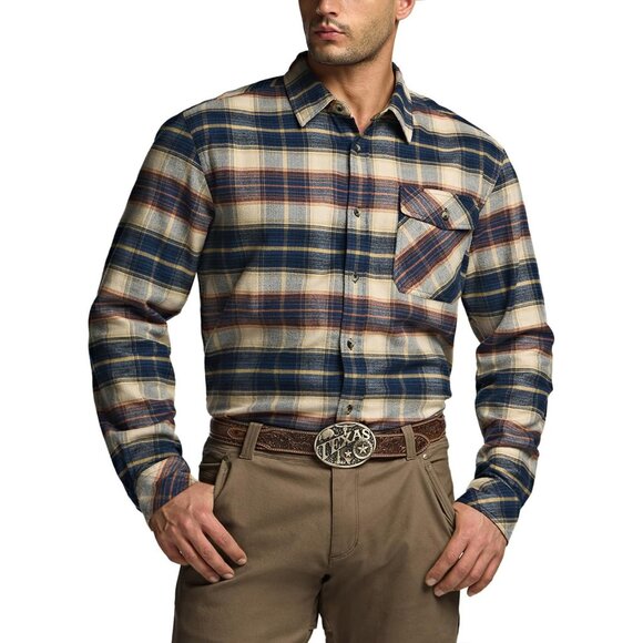 Mens Blue Cotton Flannel Shirt Long Sleeve Brushed Soft Casual Outdoor Plaid - Picture 9 of 9